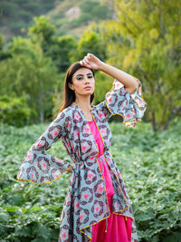Printed Grey Buta Overlay Cape
