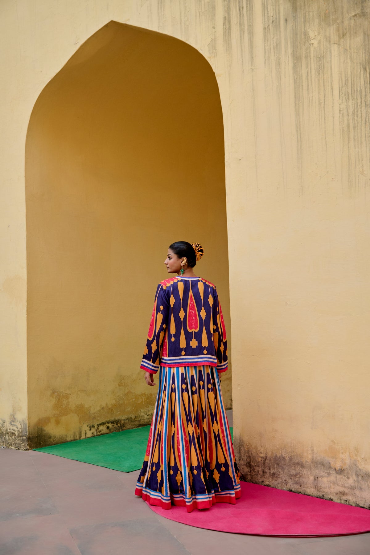 Blue Yellow Kilim Printed Lehenga Set