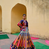 Blue Yellow Kilim Printed Lehenga Set