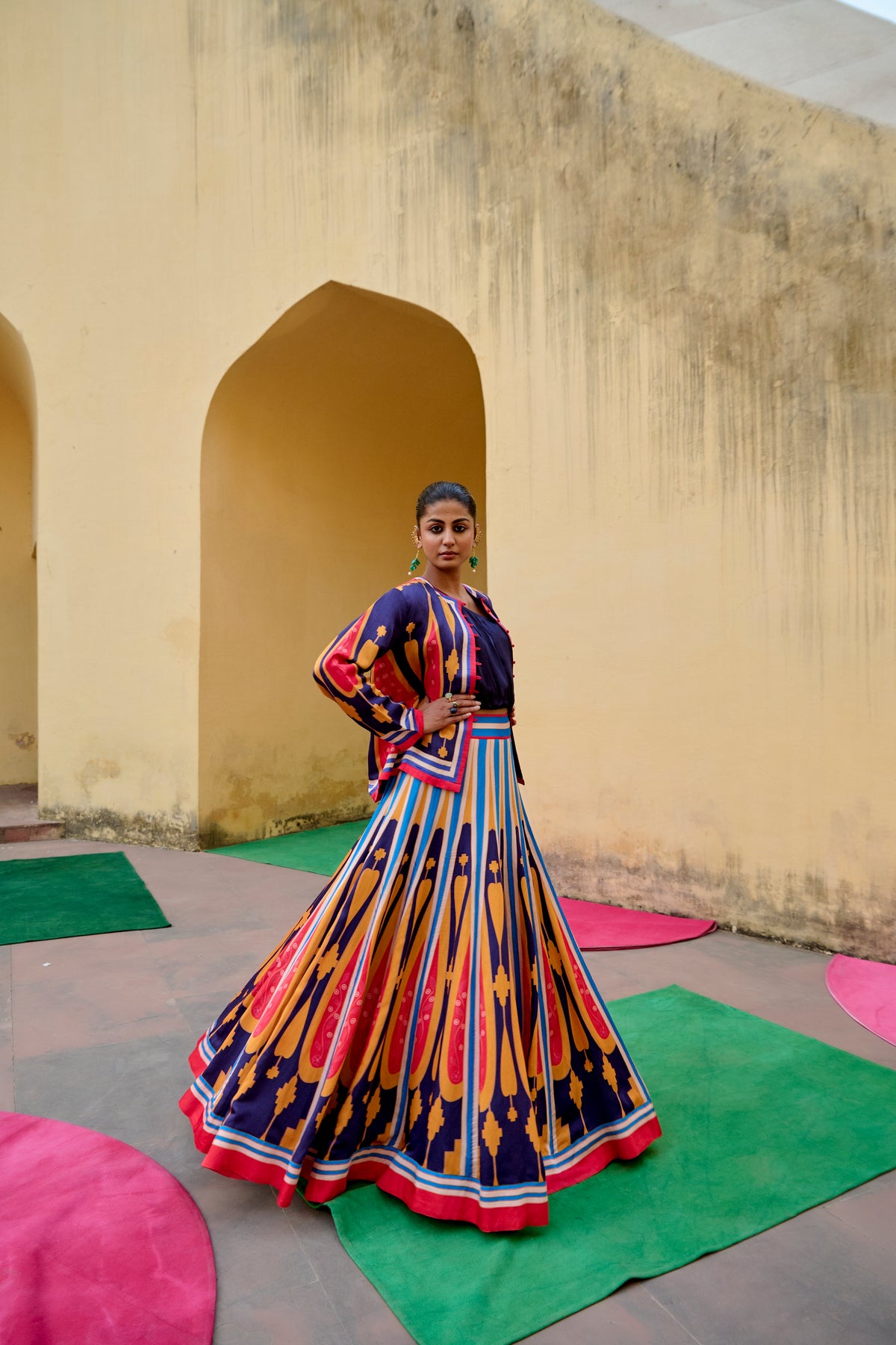 Blue Yellow Kilim Printed Lehenga Set
