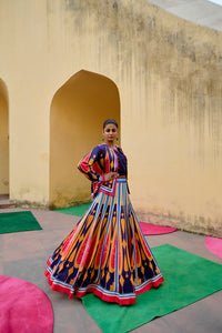 Blue Yellow Kilim Printed Lehenga Set
