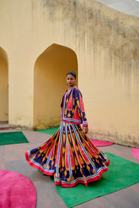 Blue Yellow Kilim Printed Lehenga Set