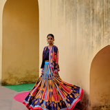 Blue Yellow Kilim Printed Lehenga Set