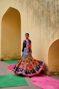 Blue Yellow Kilim Printed Lehenga Set
