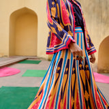 Blue Yellow Kilim Printed Lehenga Set