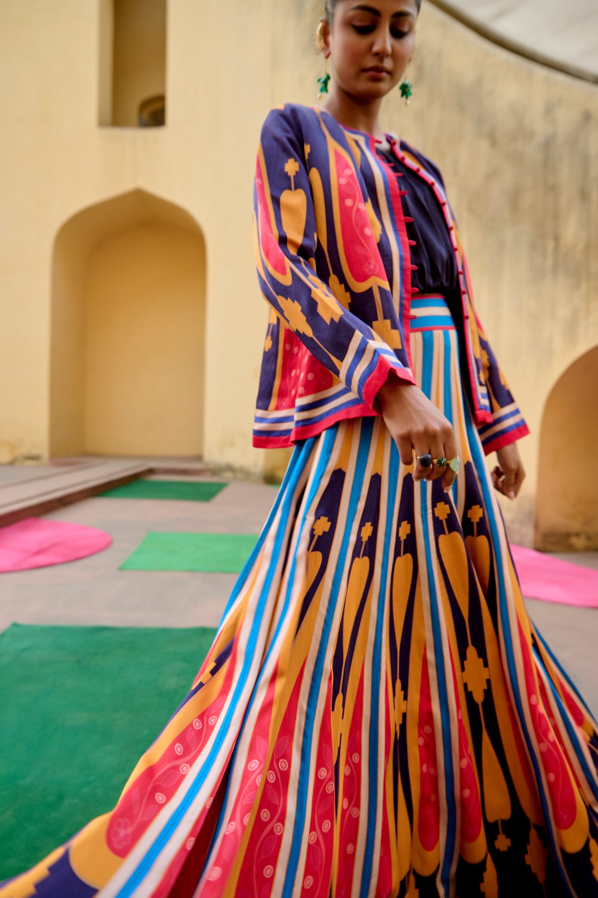 Blue Yellow Kilim Printed Lehenga Set