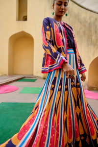 Blue Yellow Kilim Printed Lehenga Set
