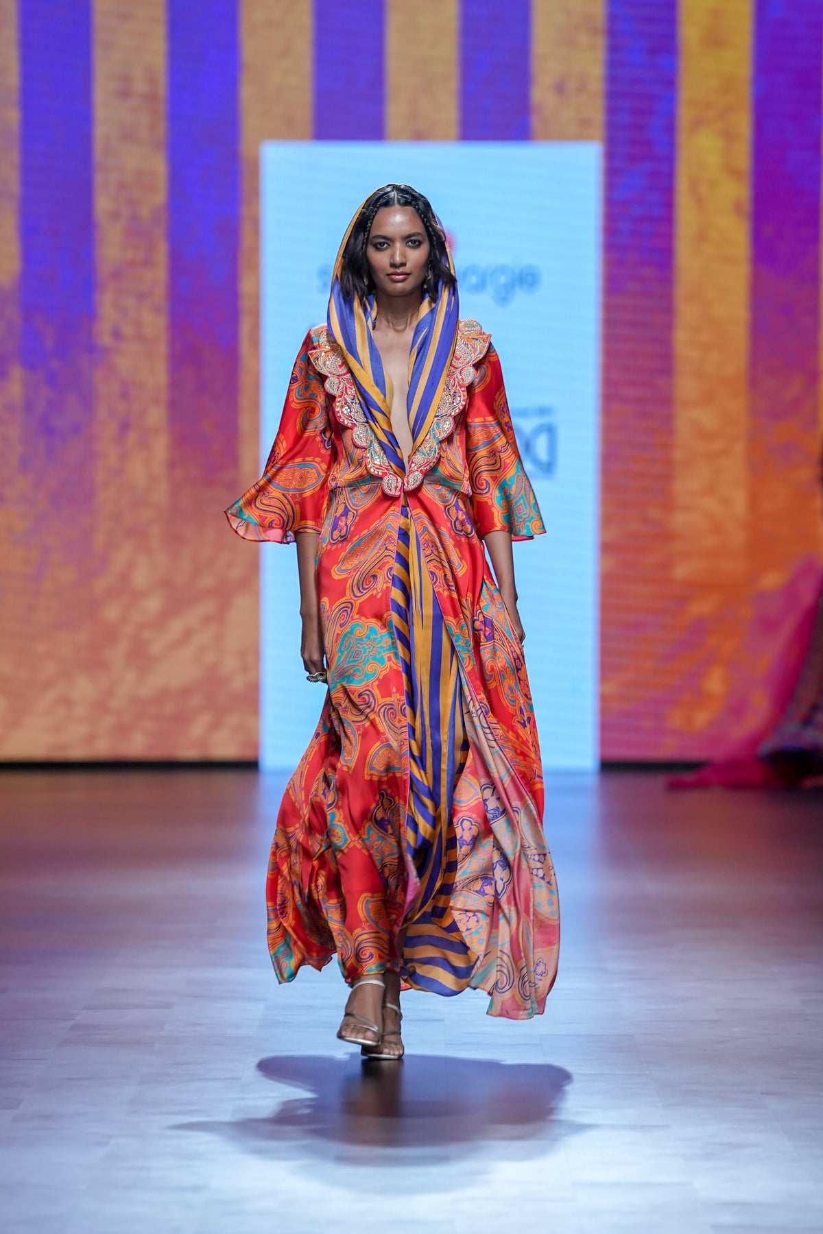 Gulal Printed Embroidered Purple Orange Jacket Set