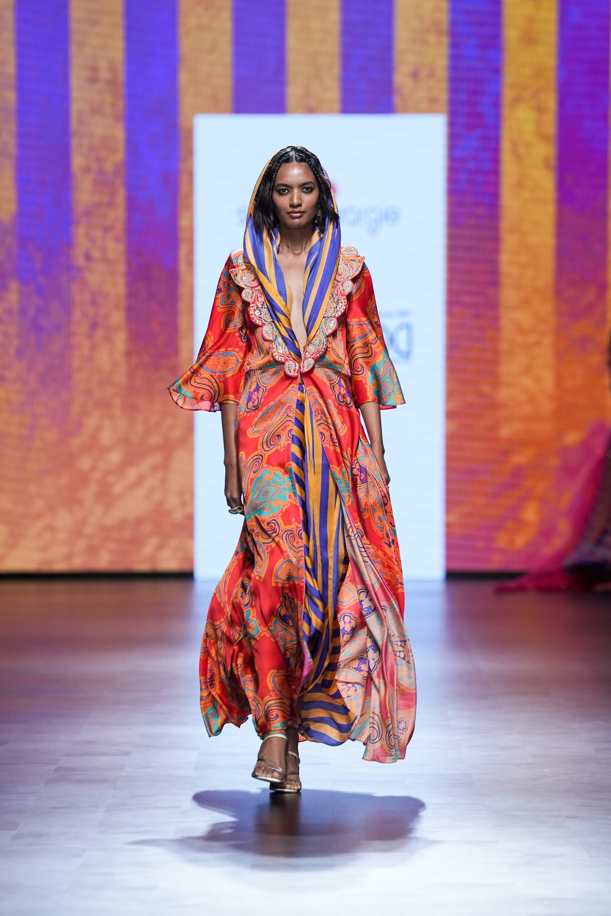 Gulal Printed Embroidered Purple Orange Jacket Set