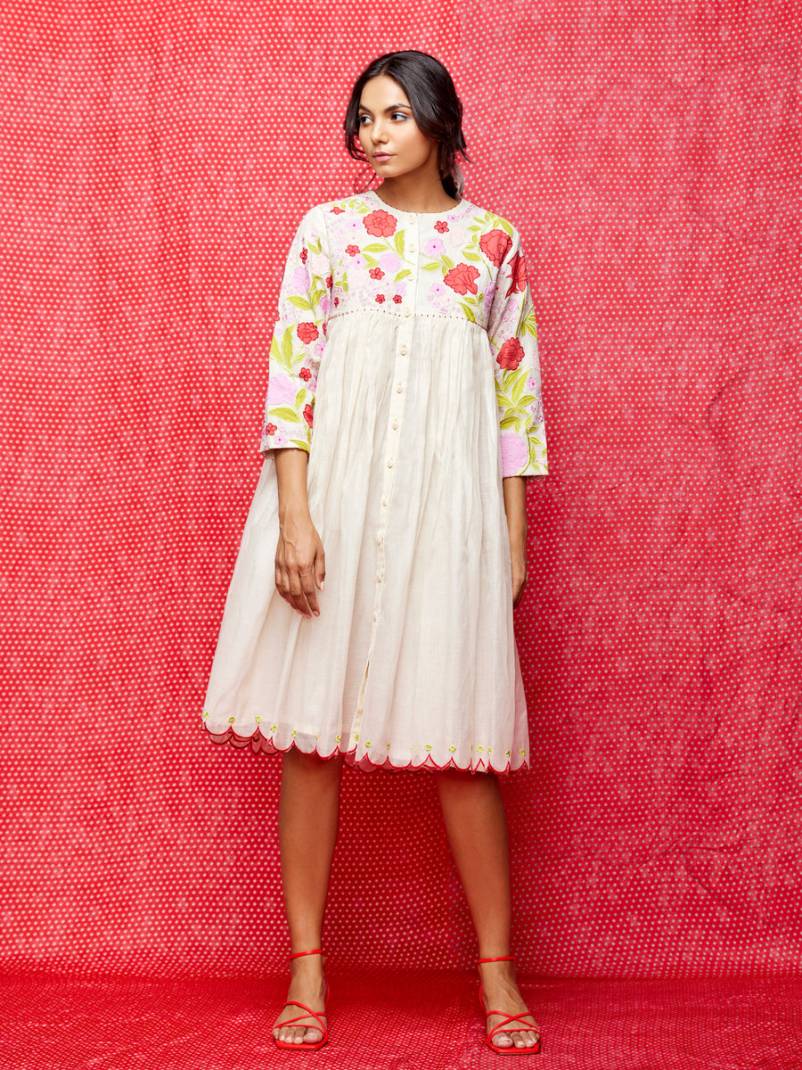 Ivory Multi Applique Embroidered Chanderi Dress
