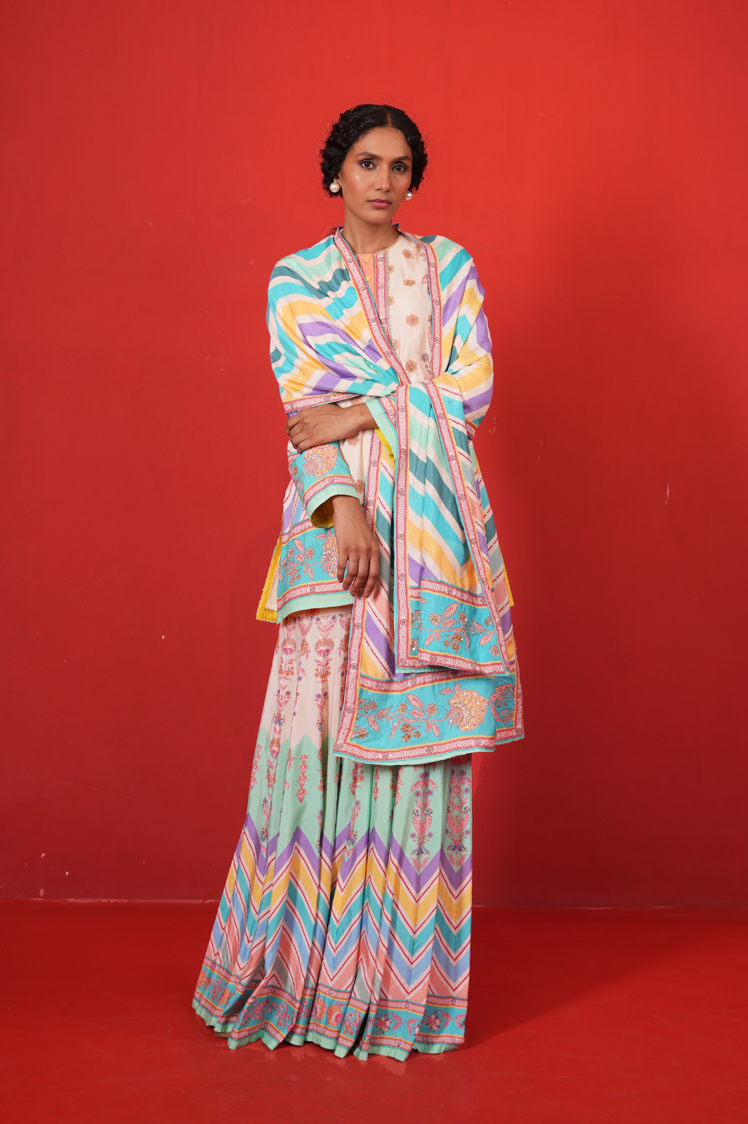Ivory Multi Chevron Butterfly Sharara Set