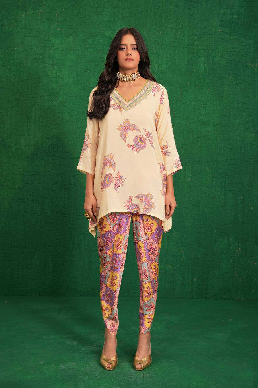 Ivory Printed Embroidery Buta Jaal Short Kurta Set