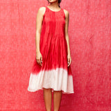 Ivory/ Red Pintucked Ombre Chanderi Dress