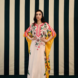 Ivory Yellow Printed Kaftan with Mirror Work
