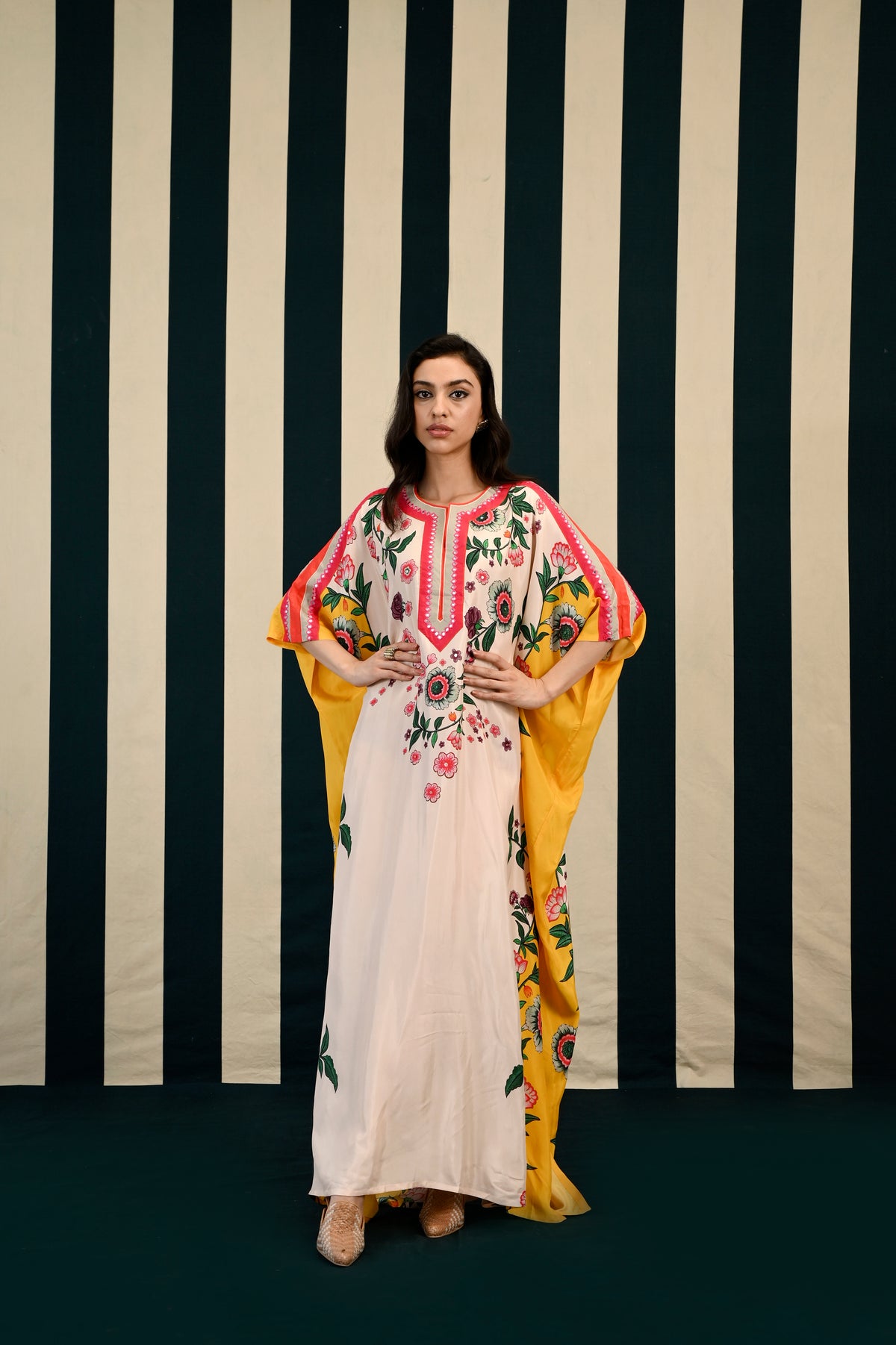 Ivory Yellow Printed Kaftan with Mirror Work
