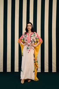 Ivory Yellow Printed Kaftan with Mirror Work
