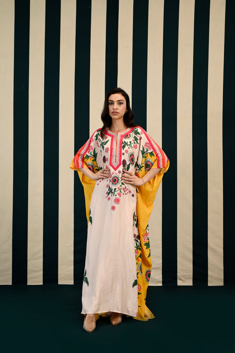 Ivory Yellow Printed Kaftan with Mirror Work
