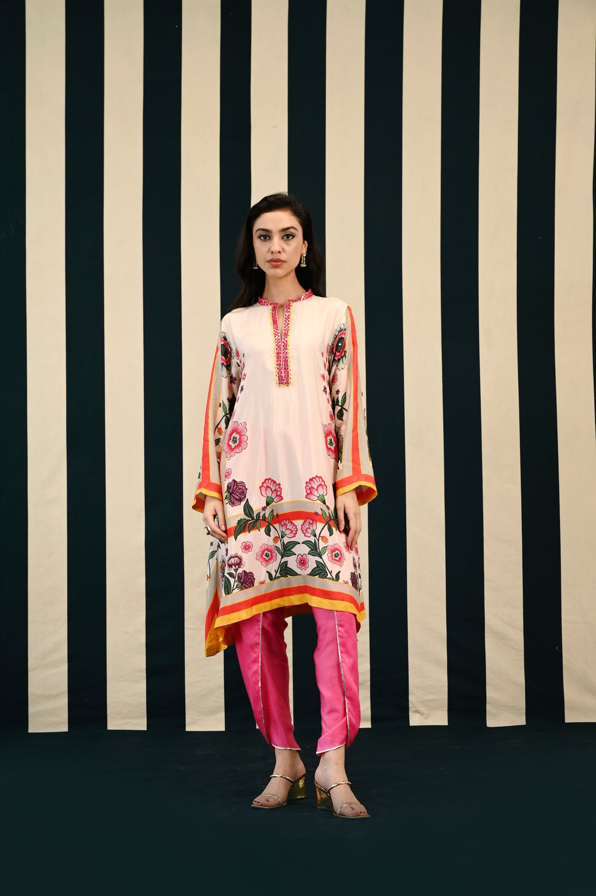 Mirror Work with Ivory Pink Printed Dhoti Tunic Set