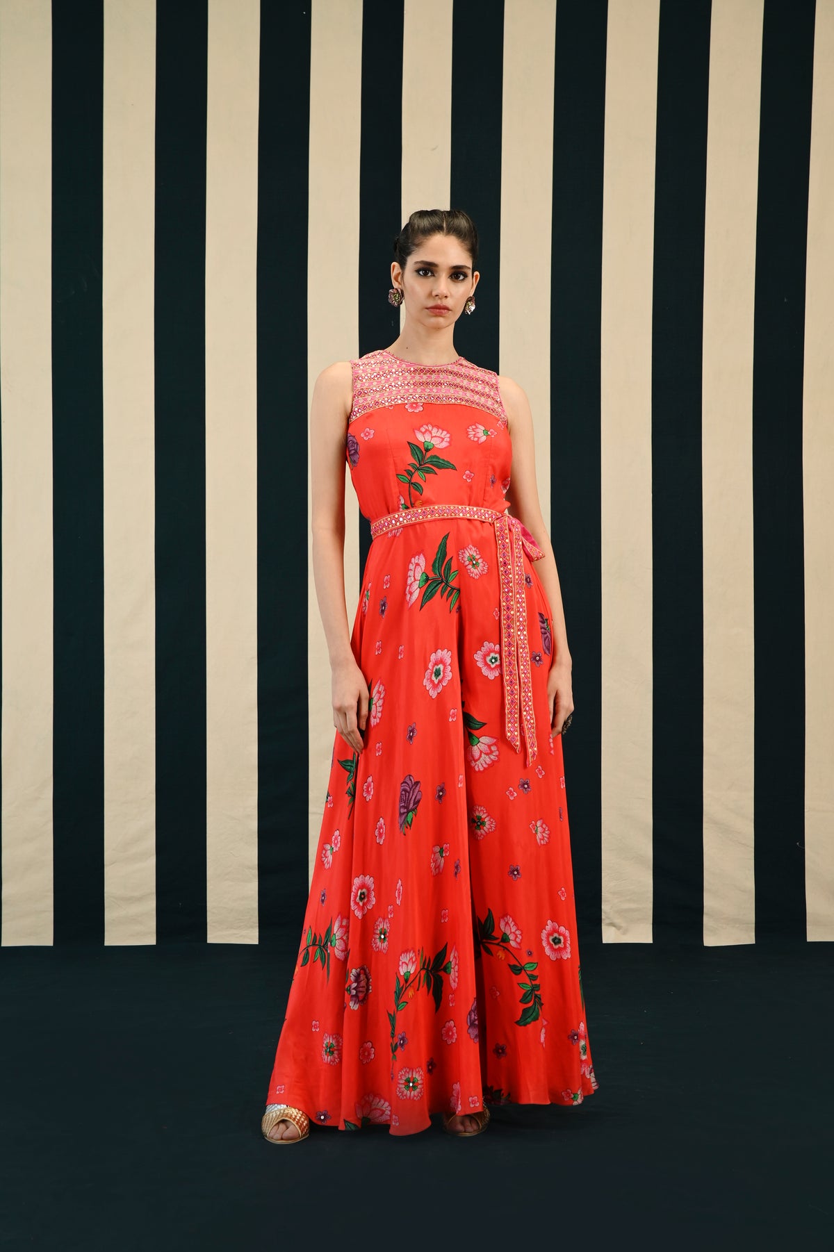 Mirror Work with Orange Printed Jumpsuit