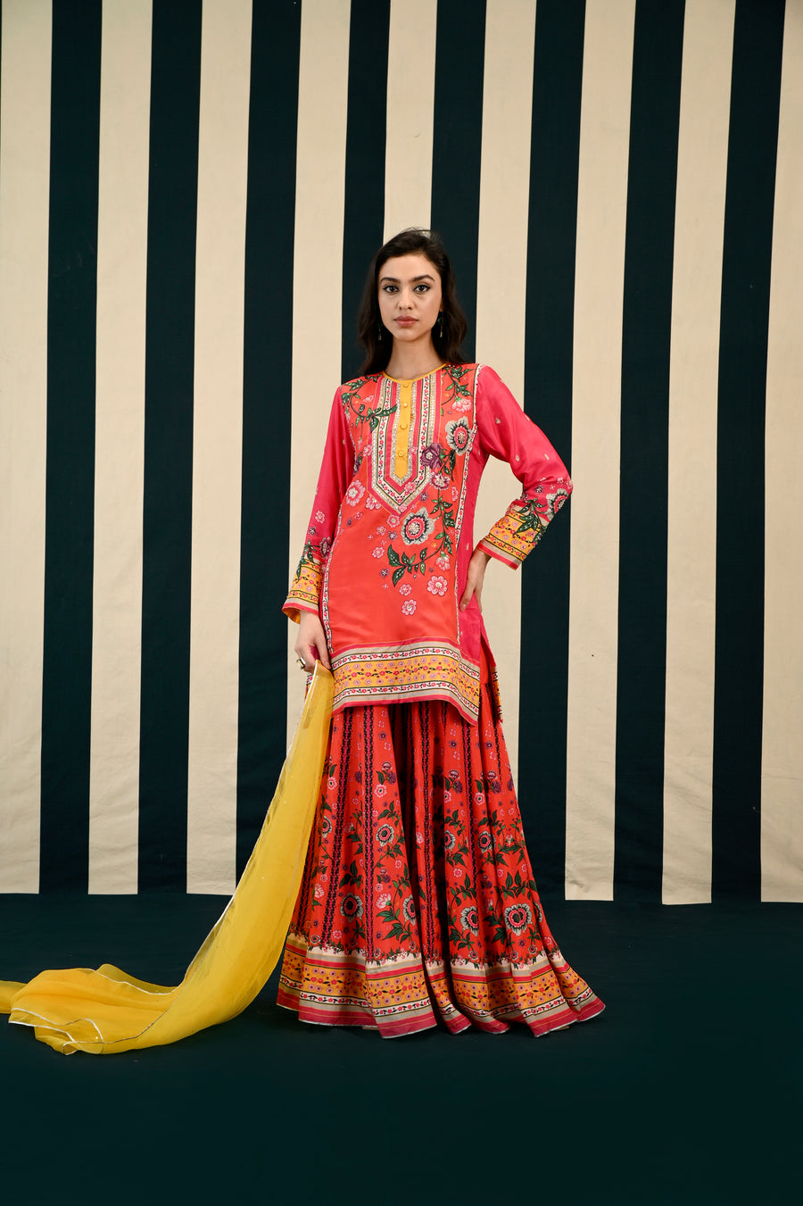 Mirror Work with Orange Printed Sharara Set