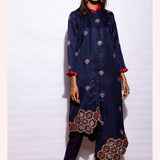 Morbagh Navy Asymetrical Embroidered Fringe Tunic With Straight Pants
