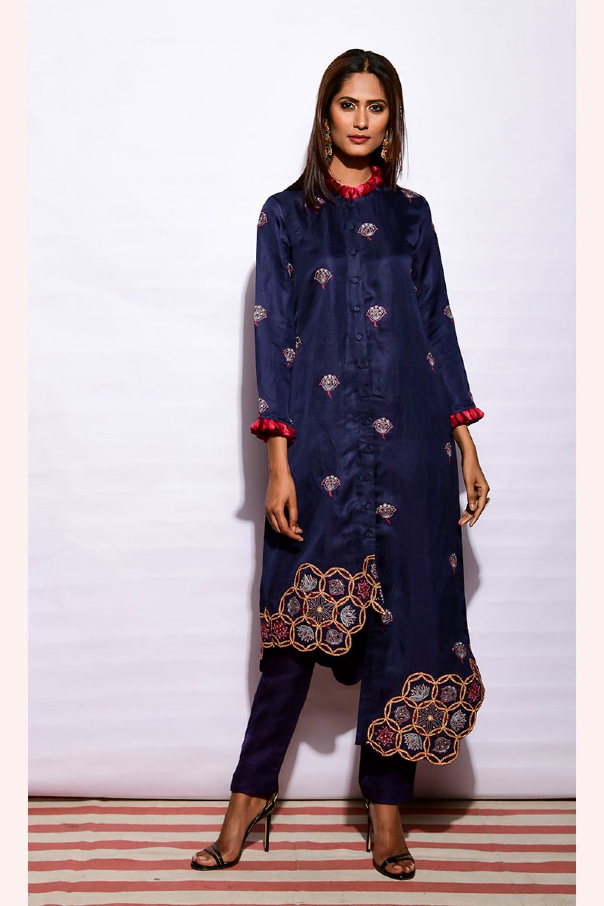 Morbagh Navy Asymetrical Embroidered Fringe Tunic With Straight Pants