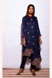 Morbagh Navy Asymetrical Embroidered Fringe Tunic With Straight Pants
