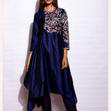 Navy Embroidered Asymmetrical Kurta With Straight Pants