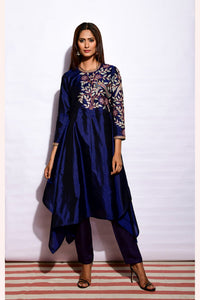 Navy Embroidered Asymmetrical Kurta With Straight Pants