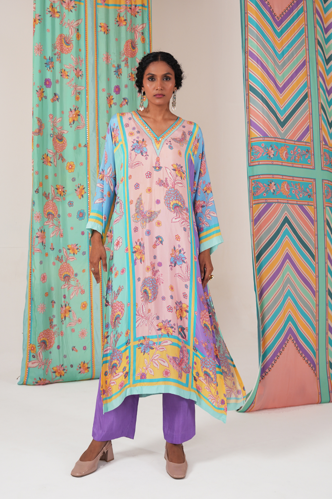 Peach Multi Butterfly Panel Kurta Set