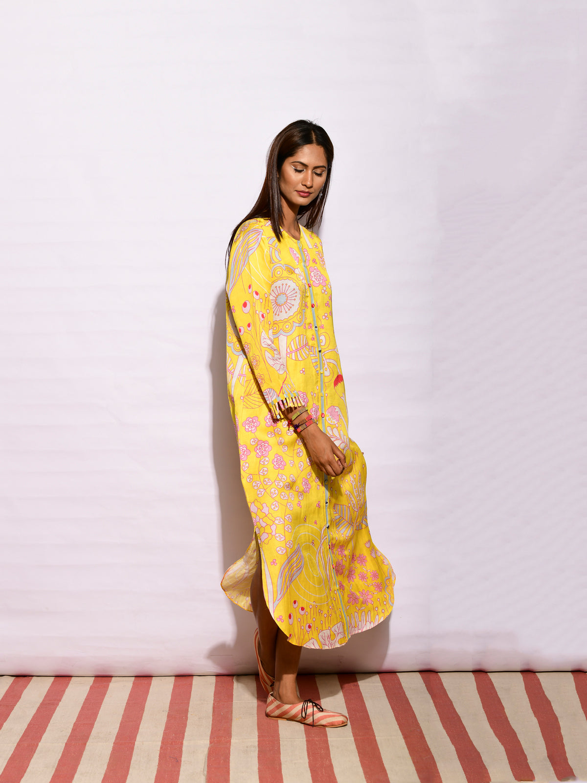 Printed Yellow Jaal Long Shirt Dress