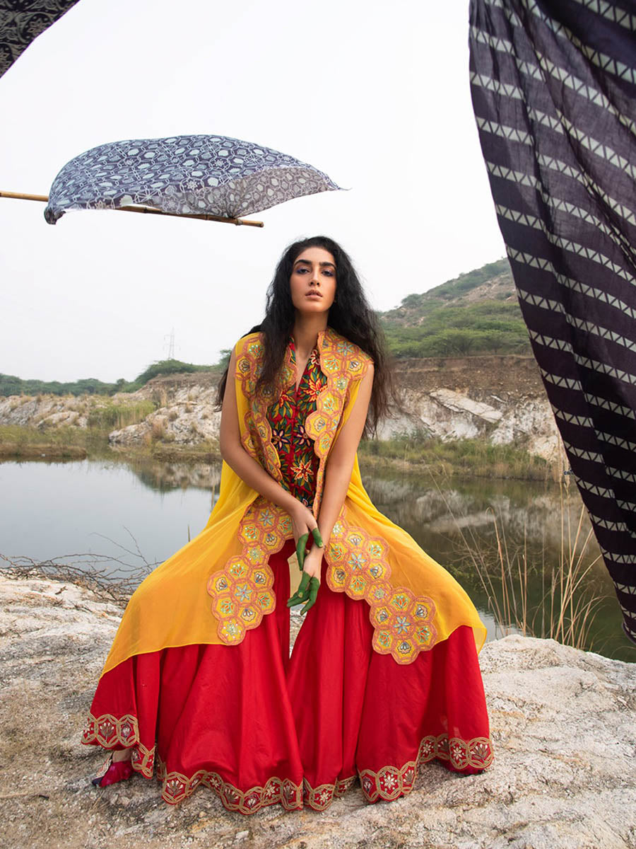 Morbagh Red Embroided Sharara , Jacket And Cape