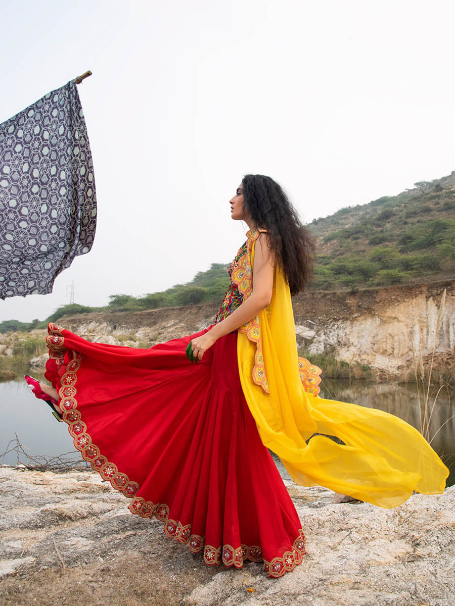 Morbagh Red Embroided Sharara , Jacket And Cape