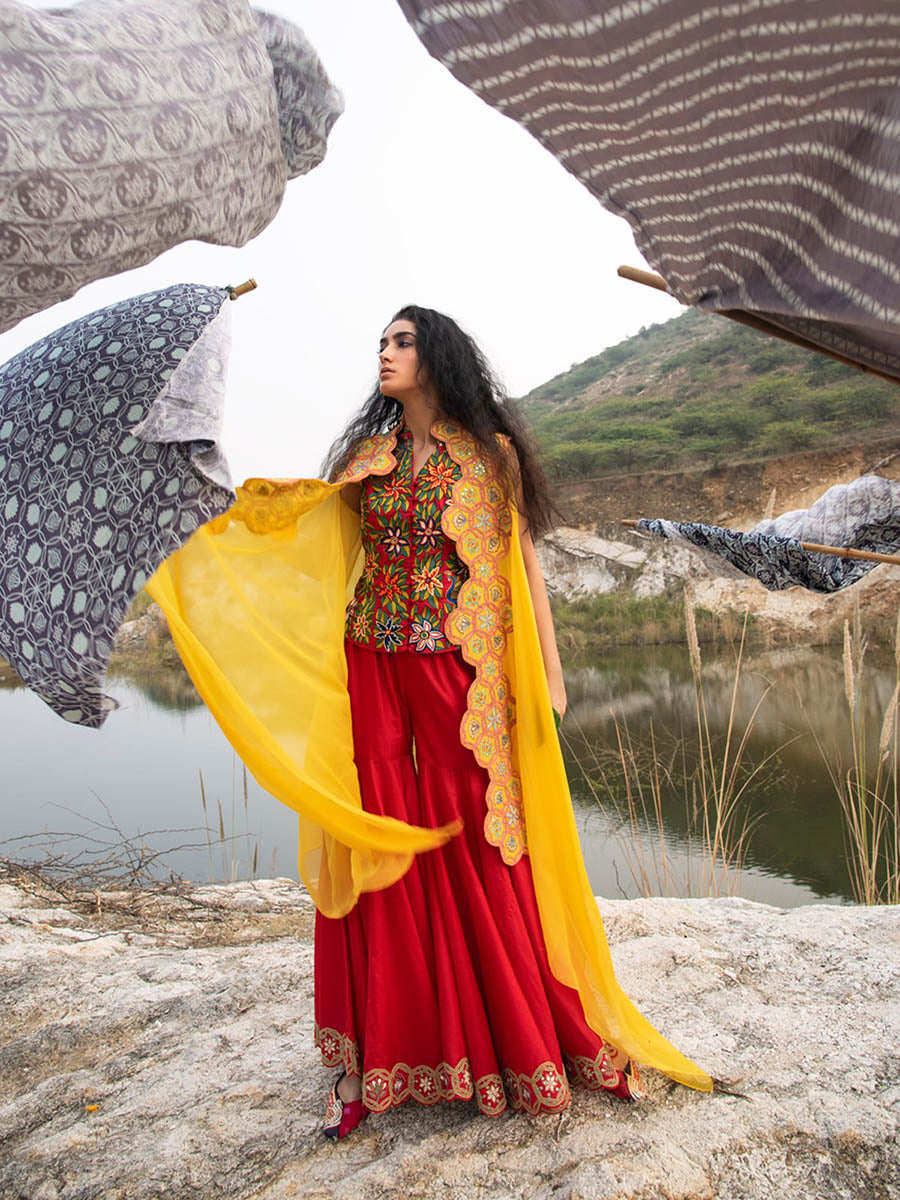 Morbagh Red Embroided Sharara , Jacket And Cape