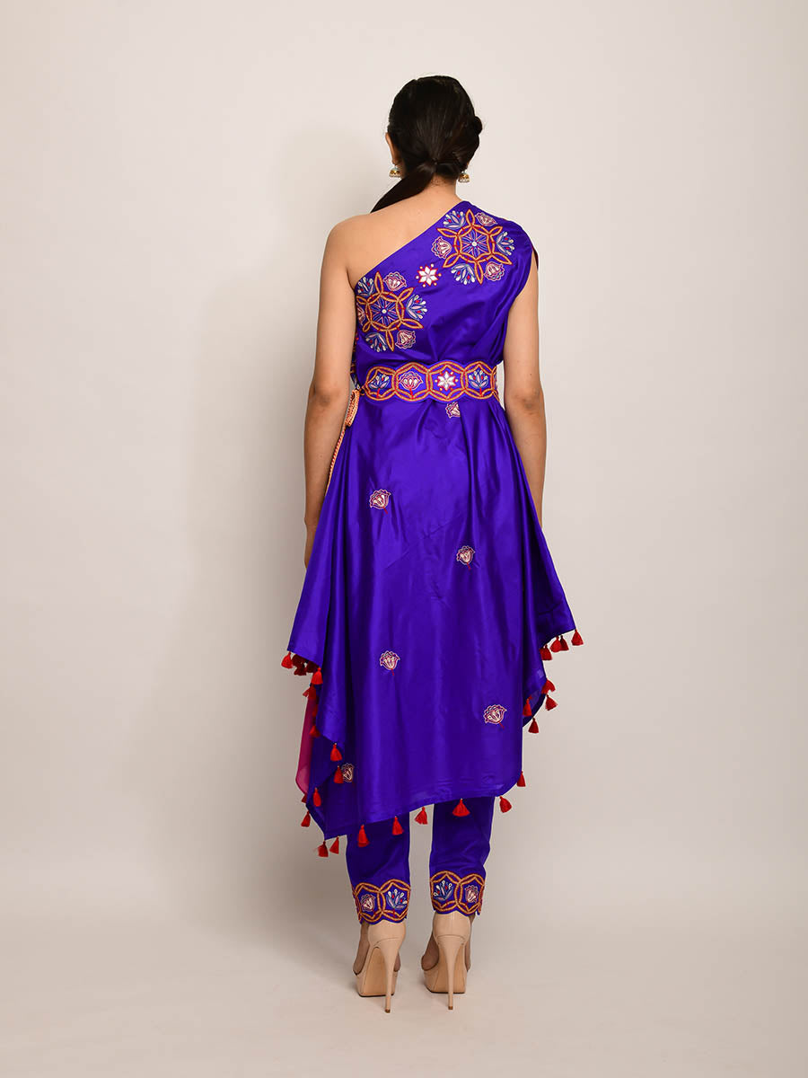 Morbagh Purple Embroided One Shoulder Cape With Pants