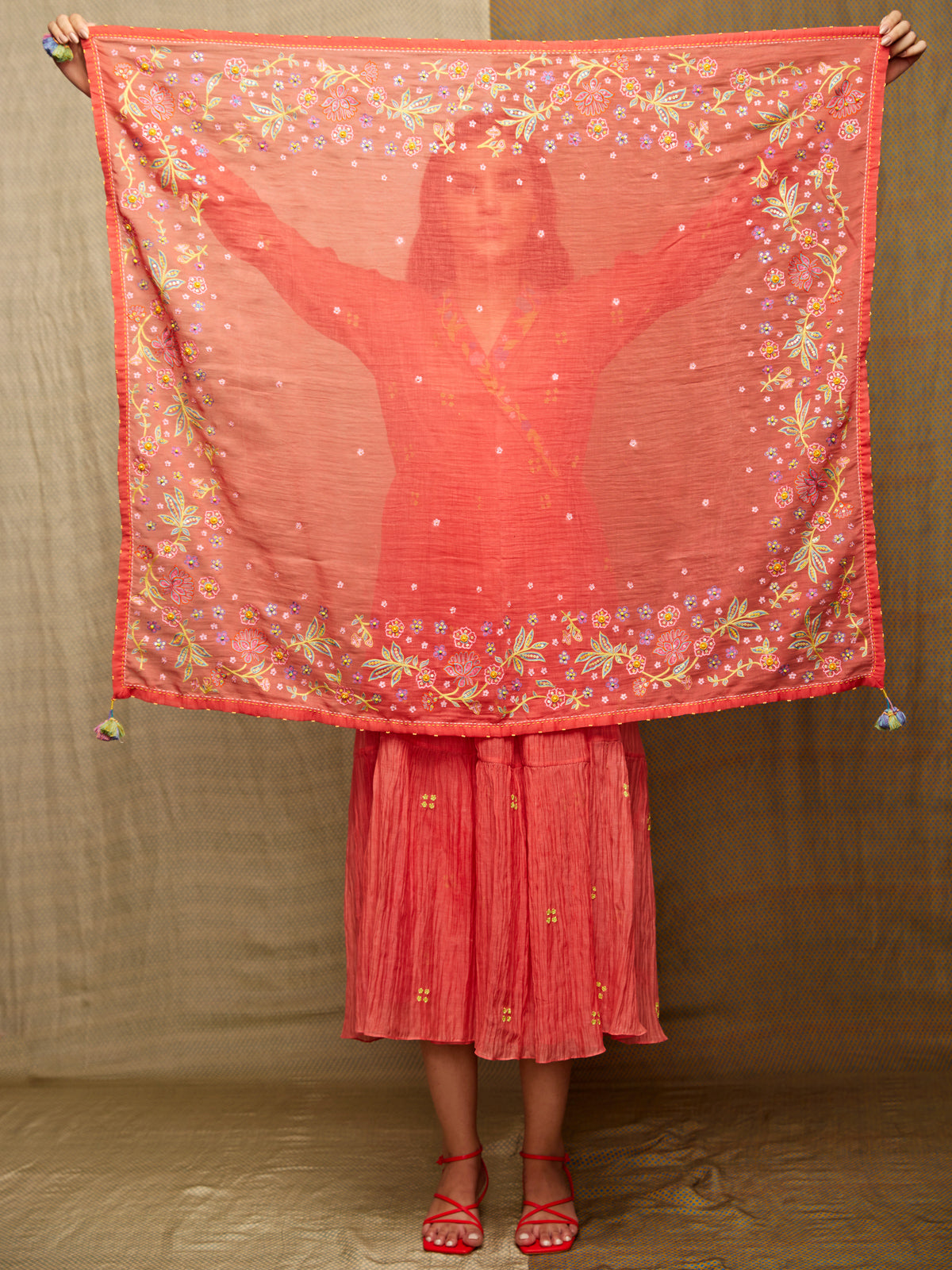Red Multi Embroidered Scarf
