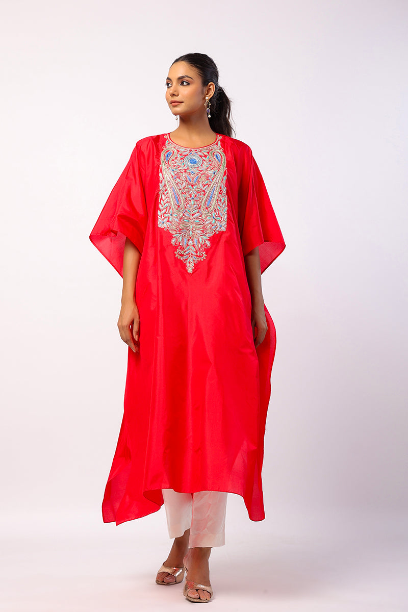 Red Silk Resham Embroidered Kaftan