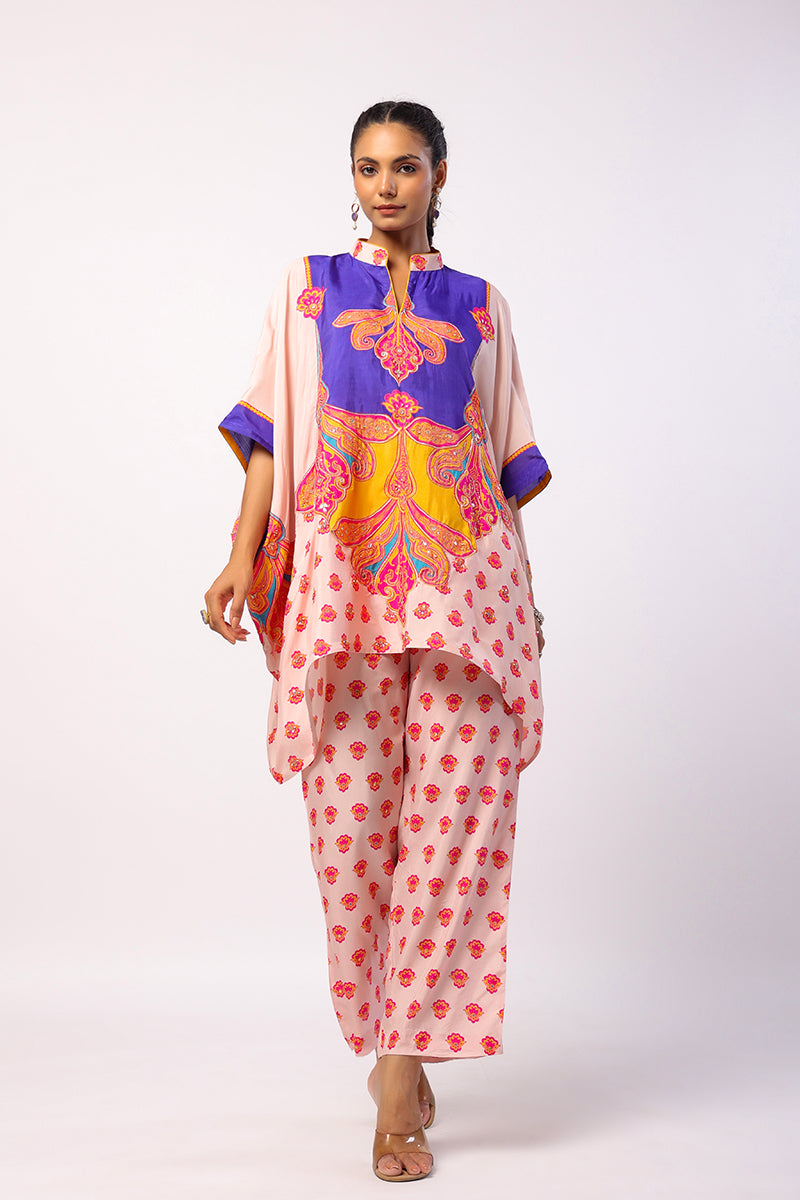 Pansy Embroidered Printed Multi Poncho Set