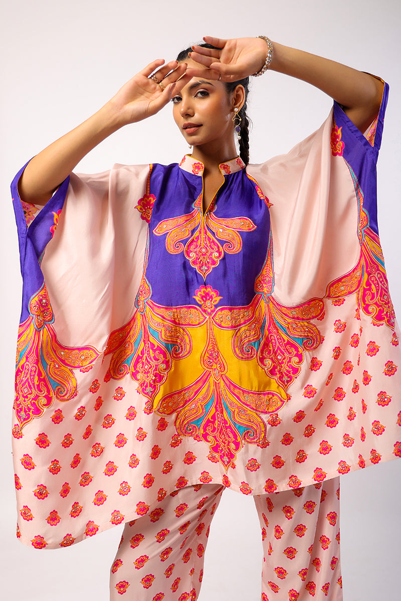 Pansy Embroidered Printed Multi Poncho Set