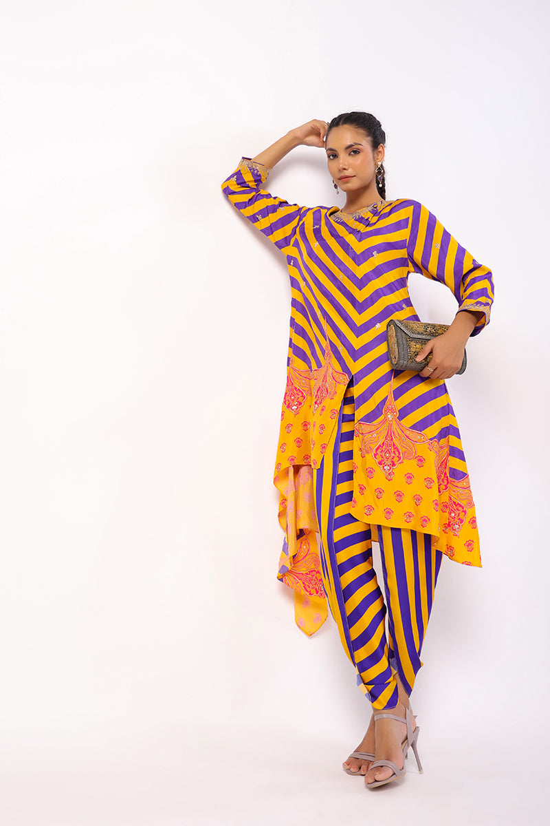 Purple Nalini Embroidered Printed Asymmetric Kurta Set