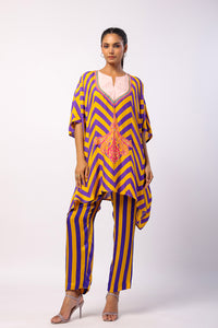 Purple Pansy Embroidered Printed Poncho Set