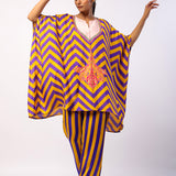 Purple Pansy Embroidered Printed Poncho Set
