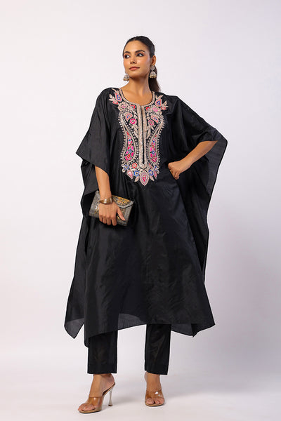 Black Silk Navratan Embroidered Kaftan Set
