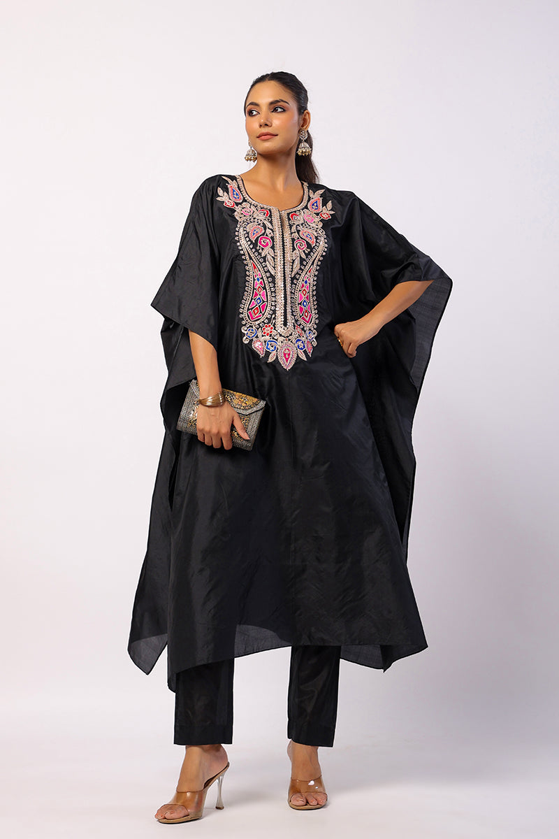 Black Silk Navratan Embroidered Kaftan Set