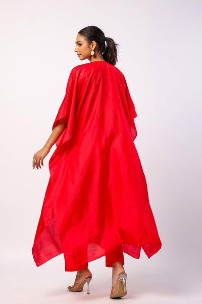 Red Silk Resham Embordered Kaftan Set