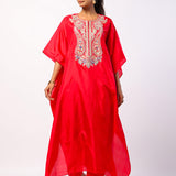 Red Silk Resham Embordered Kaftan Set