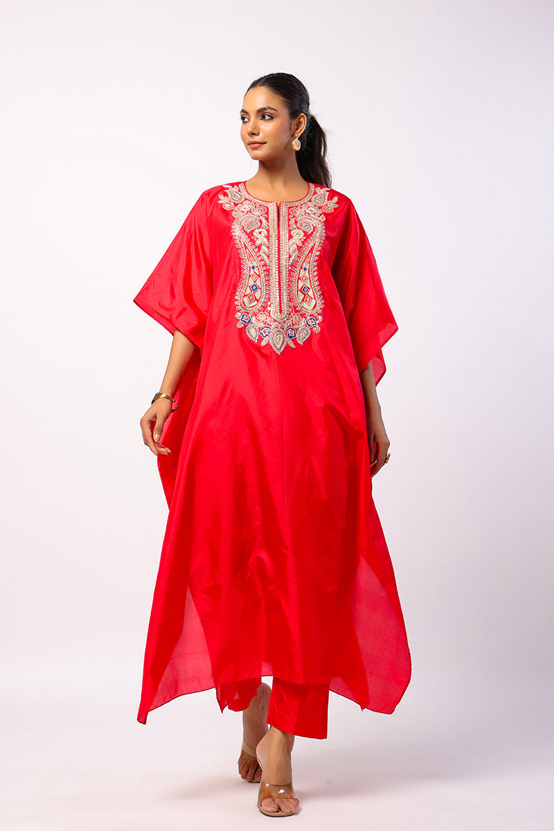 Red Silk Resham Embordered Kaftan Set