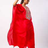 Red Silk Resham Embordered Kaftan Set