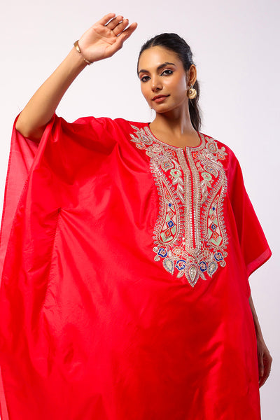 Red Silk Resham Embordered Kaftan Set
