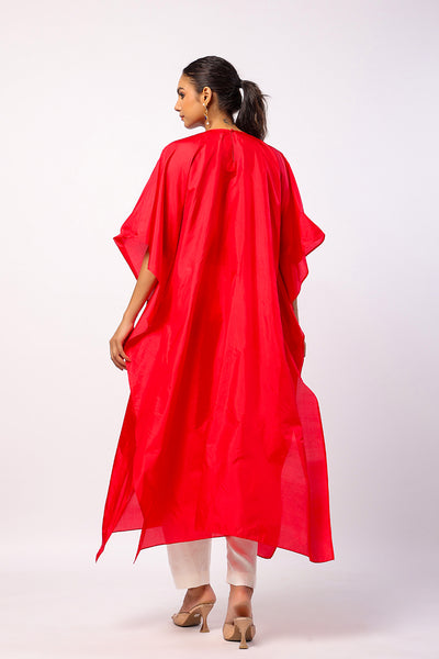 Red Silk Resham Embroidered Kaftan